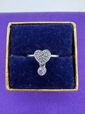 💛 Vintage Marcasite Heart Drop Sterling Ring with Light Purple Gem
